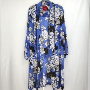 Jennifer Lopez Blue White Floral Kimono Duster Robe Beach Coverup Womens Size 2X
